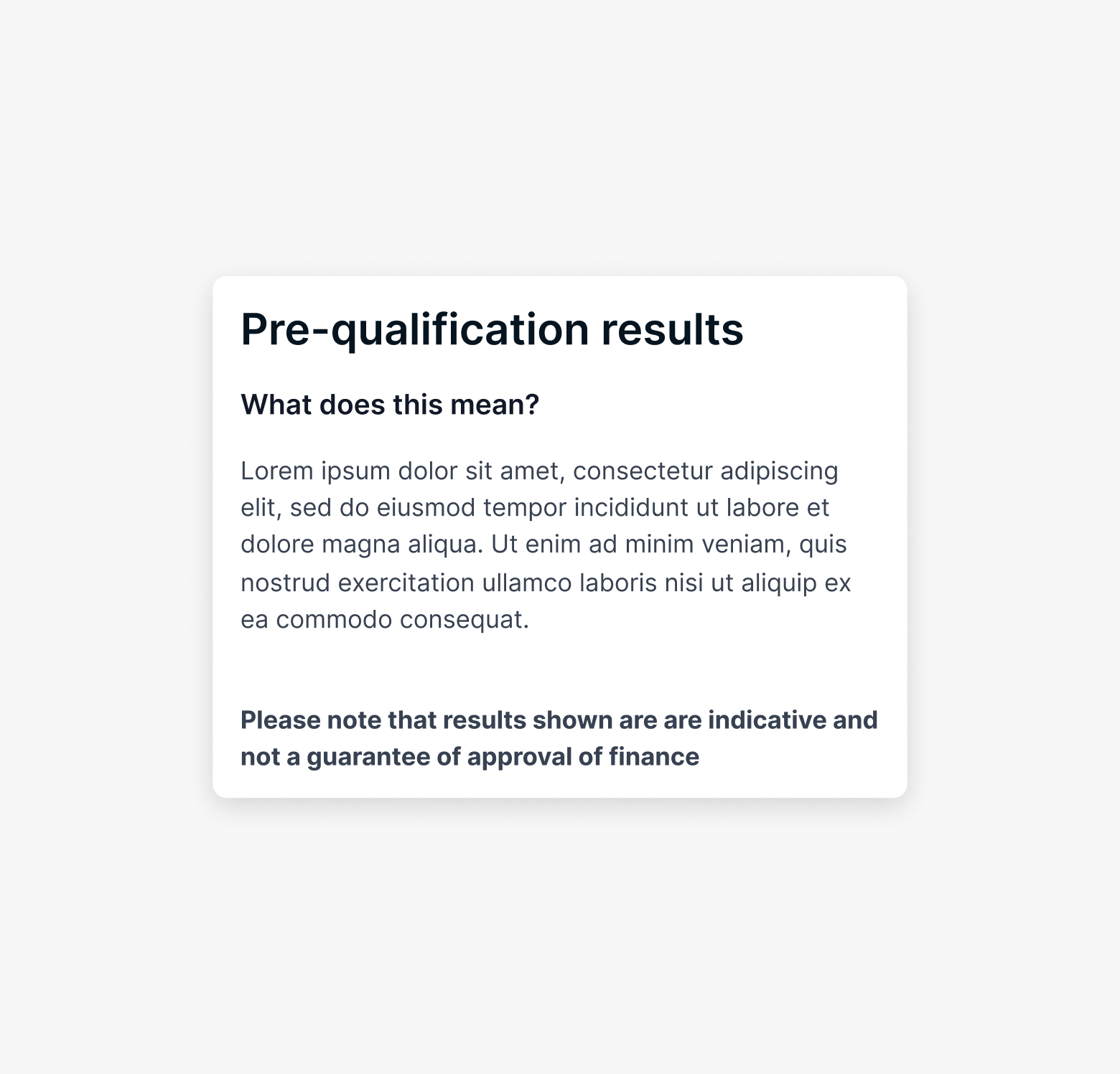 Pre-qualification results modal with explanatory copy and indicative-results disclaimer.
